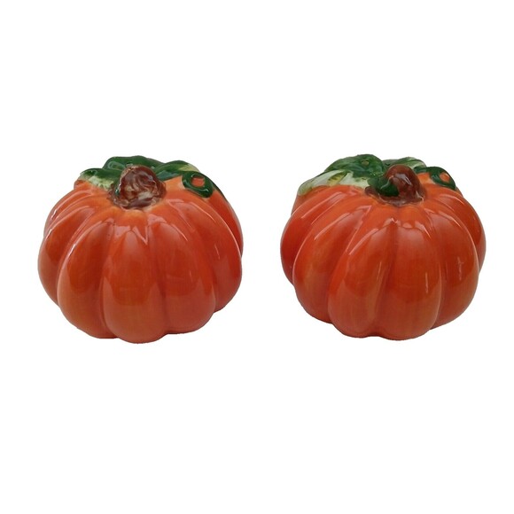Ceramic Orange Pumpkins Salt & Peeper Shakers Thanksgiving Fall Holiday Decor - Picture 5 of 9